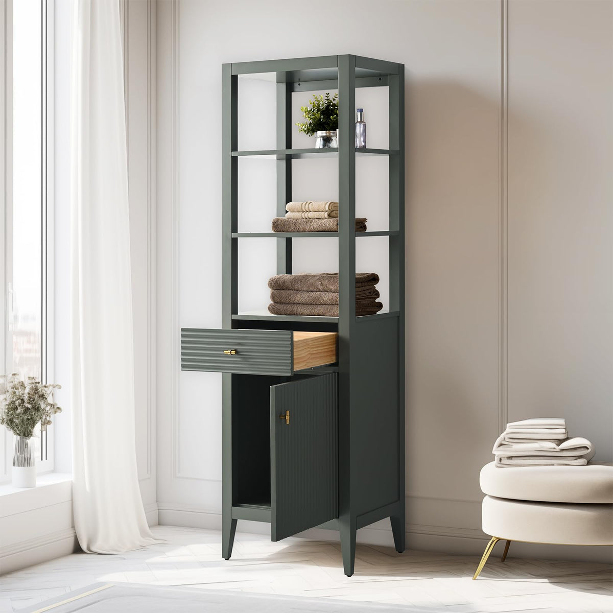 Vanity Art 84 inch Bathroom Vanity with Double Sink & Ceramic Top, Vanity Cabinet with Soft-Closing Door, Solid Wood Frame, Linear Pattern, Walnut, Golden Brushed Handware,Vintage Green