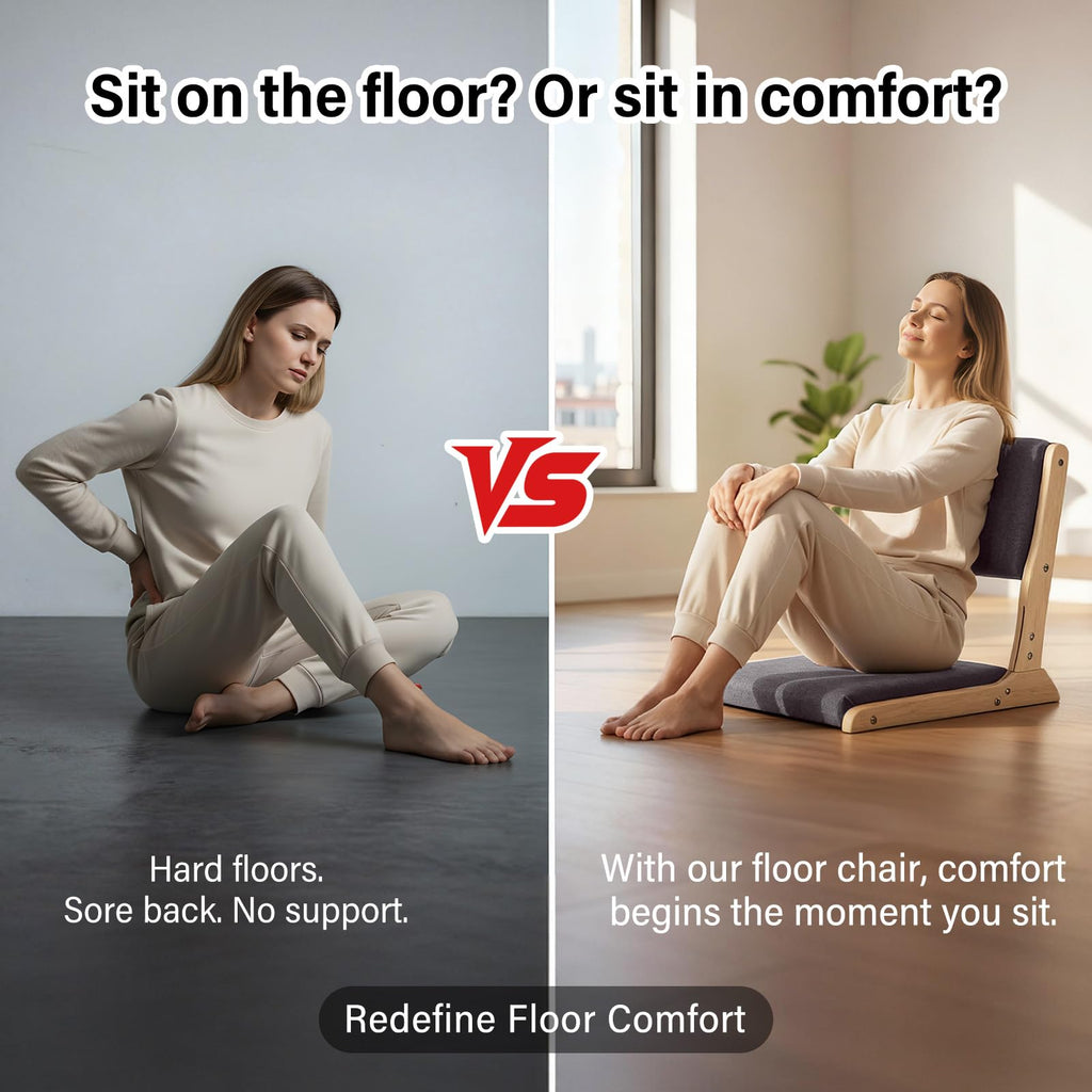 Tiita 2-Pack Foldable Meditation Floor Chairs with Back Support, Wood Grey