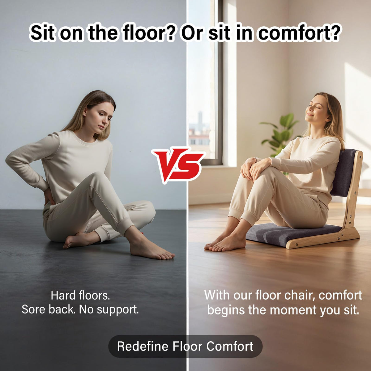 Tiita 2-Pack Foldable Meditation Floor Chairs with Back Support, Wood Grey