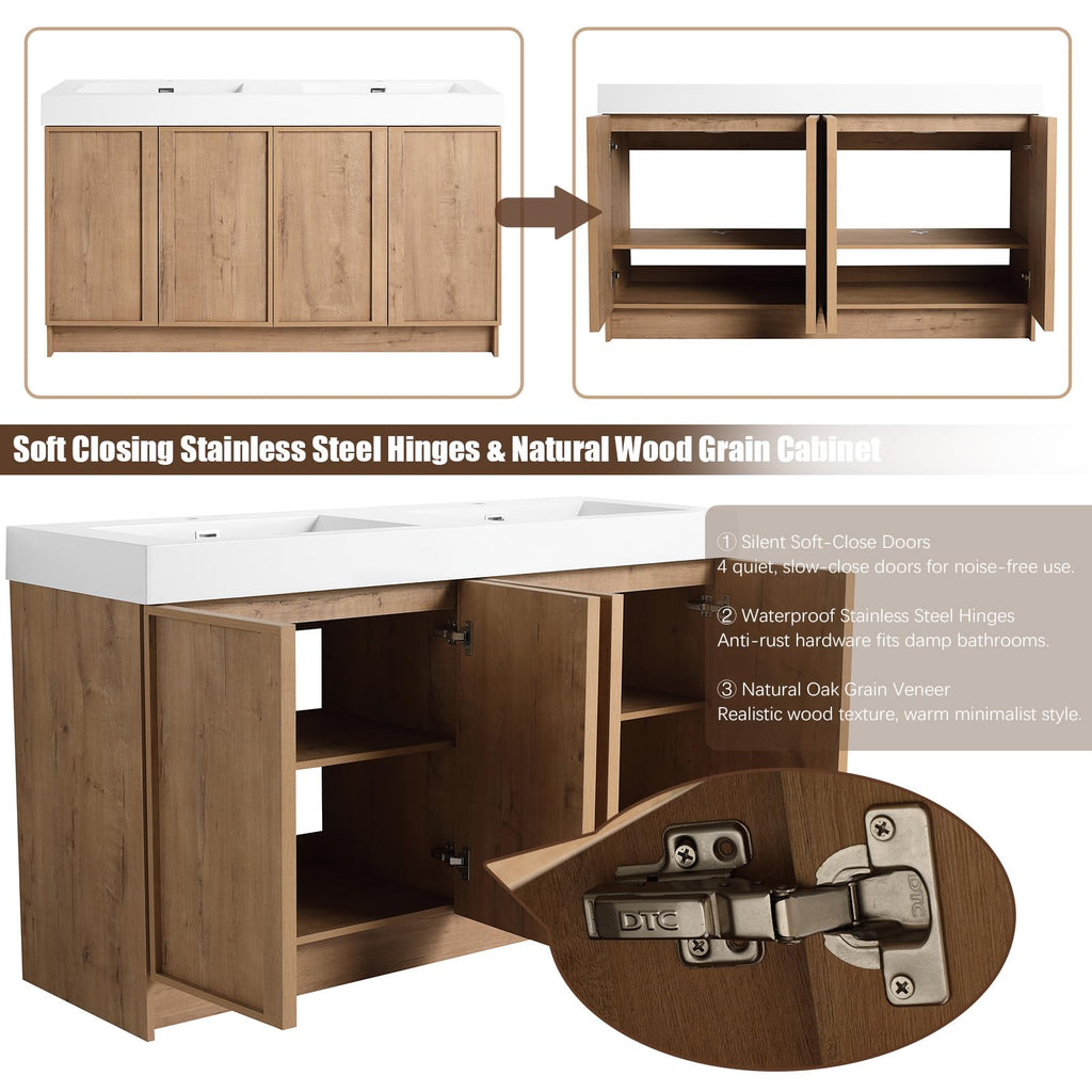 70" Double Sink Bathroom Vanity with Resin Basin, Faux Oak Finish
