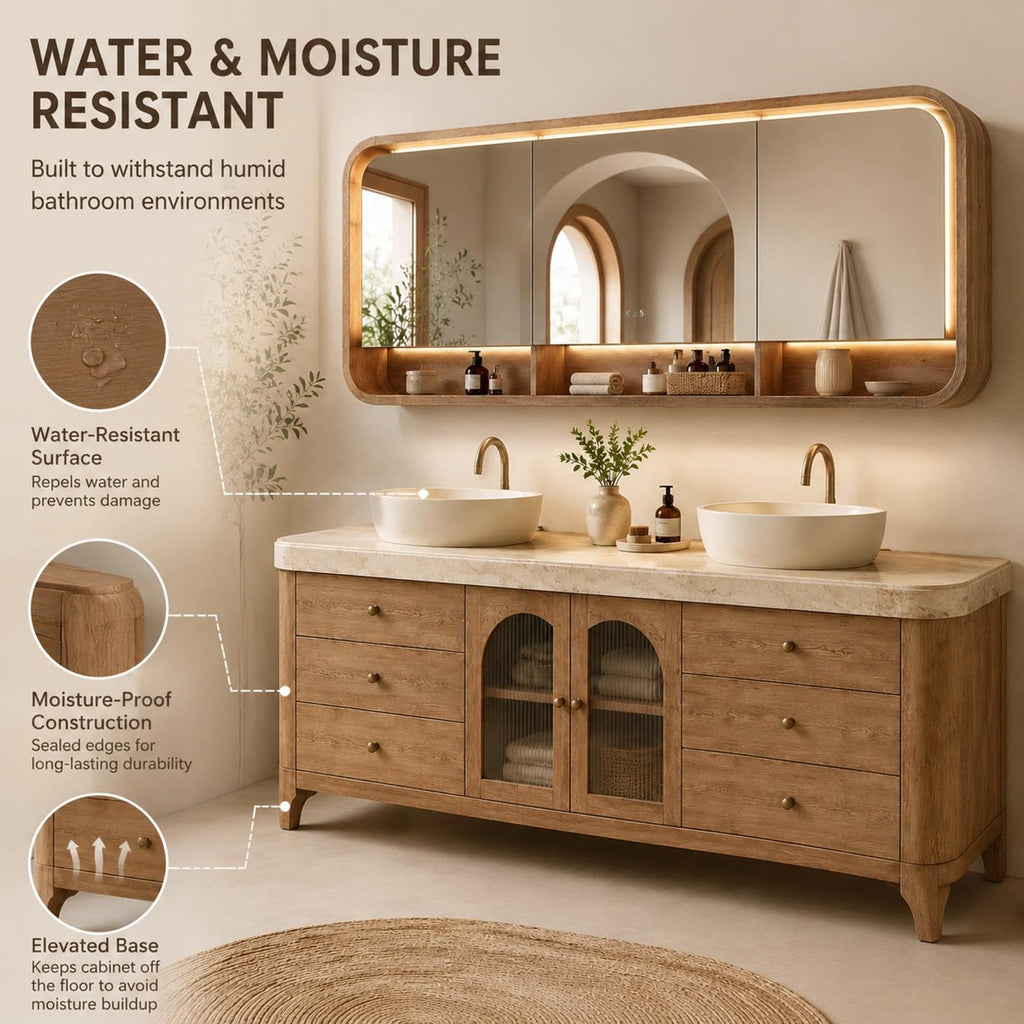 76 IN Freestanding Double Bathroom Vanity with Vessel Sinks & LED Mirror