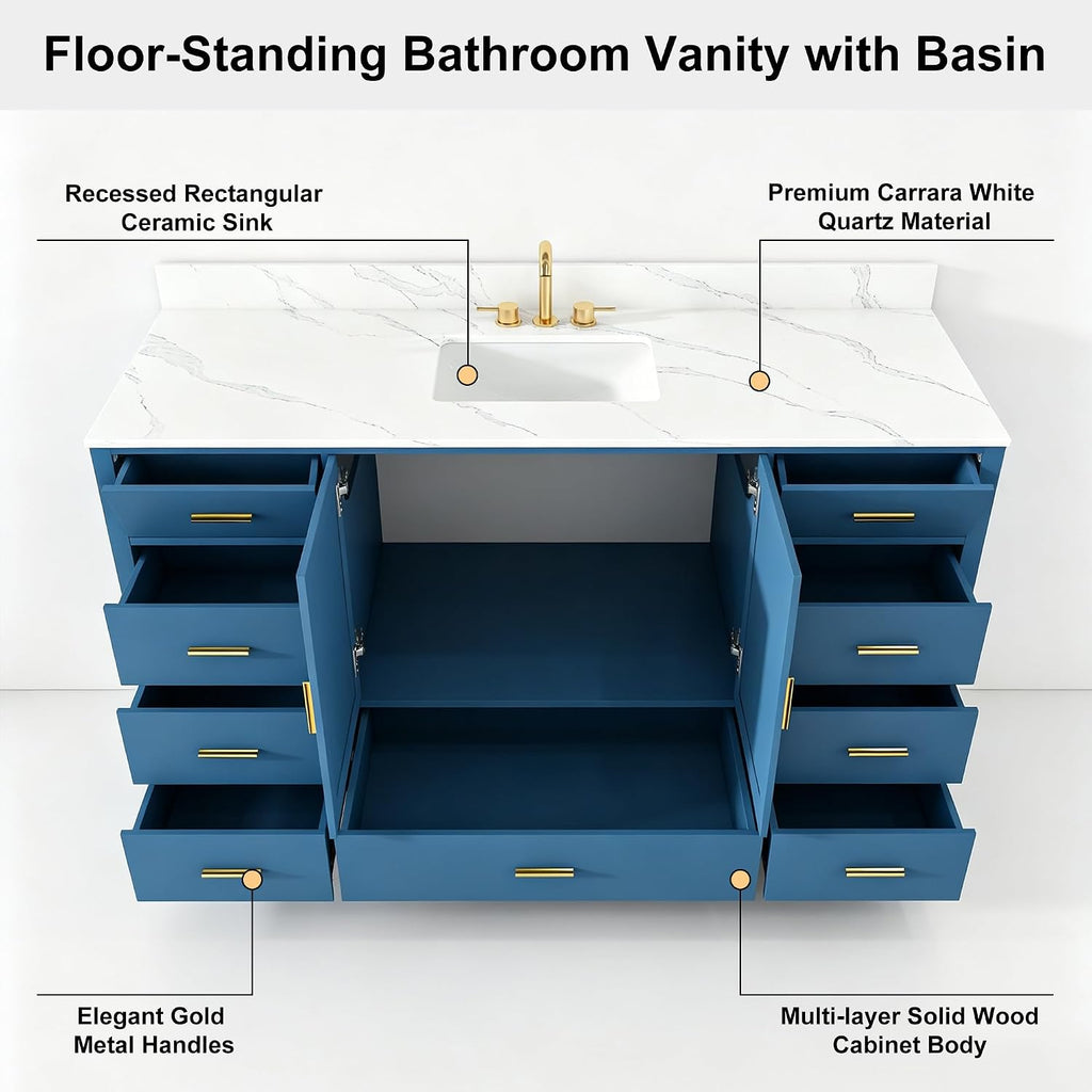 60" Bathroom Vanity Single Sink with 3 Hole, Sink Bathroom Vanity with Solid Wood Frame Storage,Soft Close Double Doors & 9 Sliding Drawers, with Gold Accents