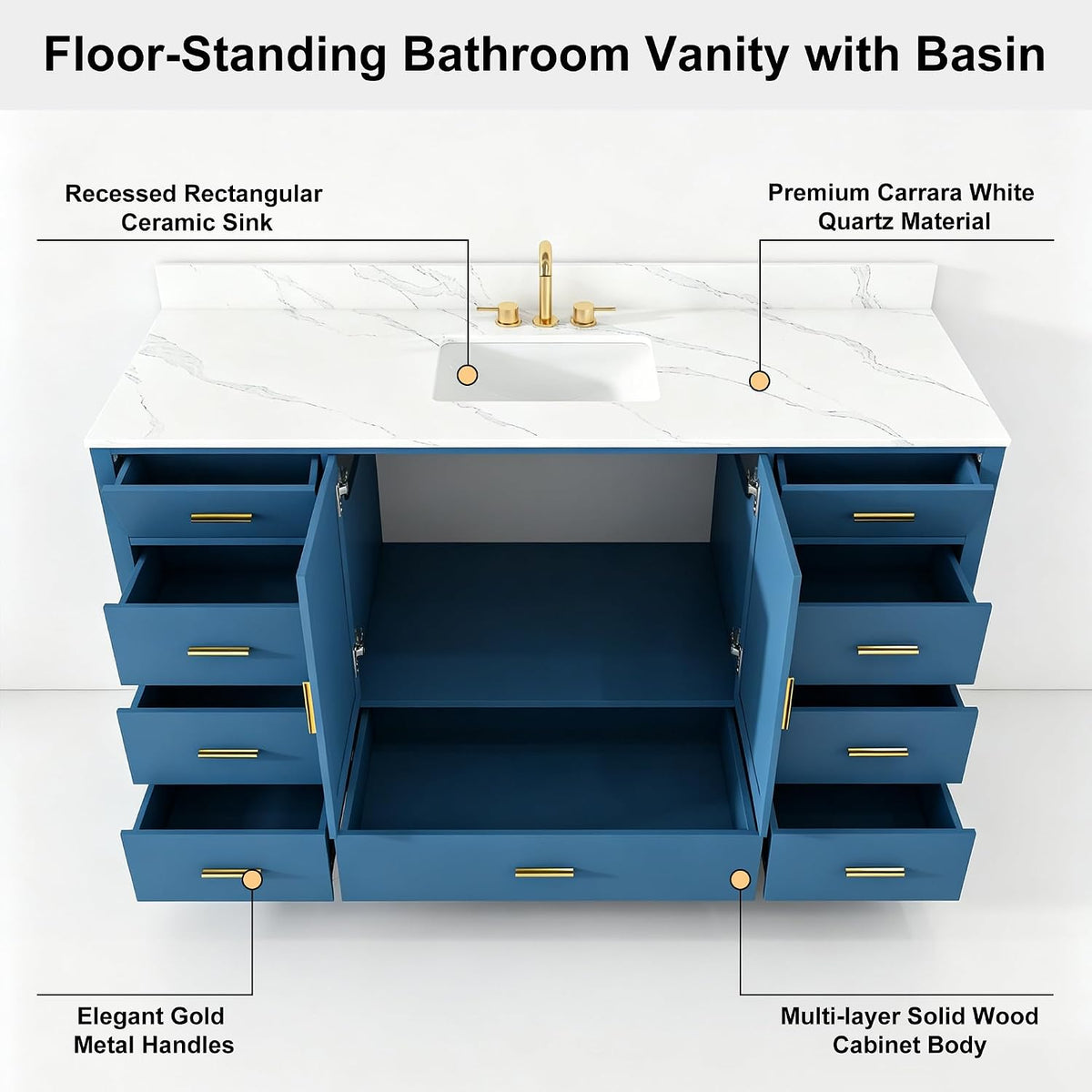 60" Bathroom Vanity Single Sink with 3 Hole, Sink Bathroom Vanity with Solid Wood Frame Storage,Soft Close Double Doors & 9 Sliding Drawers, with Gold Accents