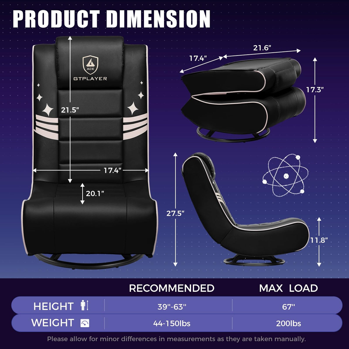 GTPLAYER Floor Gaming Chair Foldable Swivel Floor Chairs for Kids Boys Comfy Video Game Seat with 360Â° Multipurpose for Gamers, Bedroom or Game Room(Black-Blue)