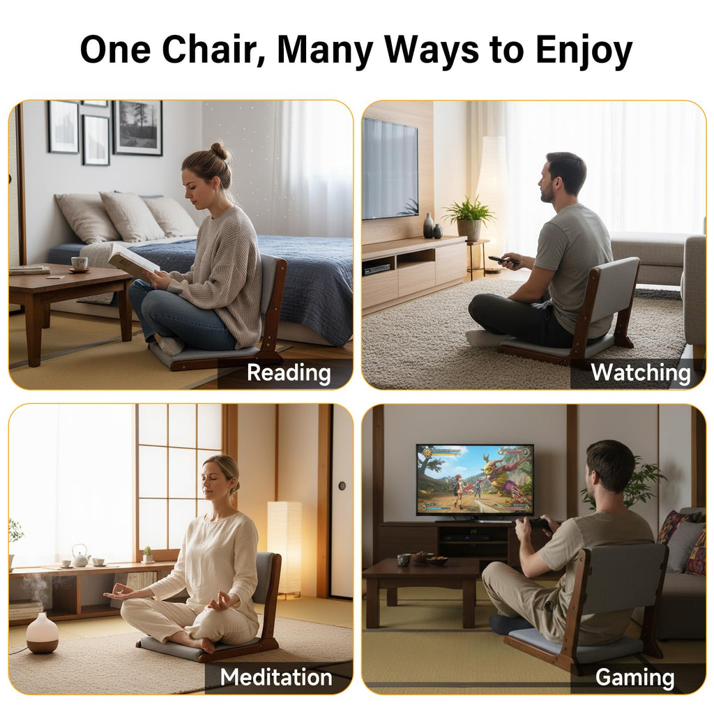 Tiita 2-Pack Foldable Meditation Floor Chairs with Back Support, Wood Grey