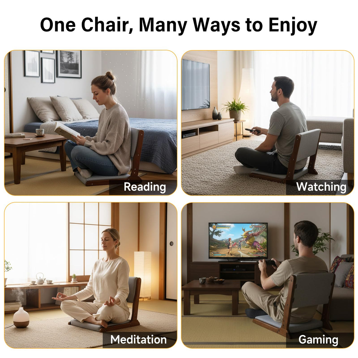 Tiita 2-Pack Foldable Meditation Floor Chairs with Back Support, Wood Grey