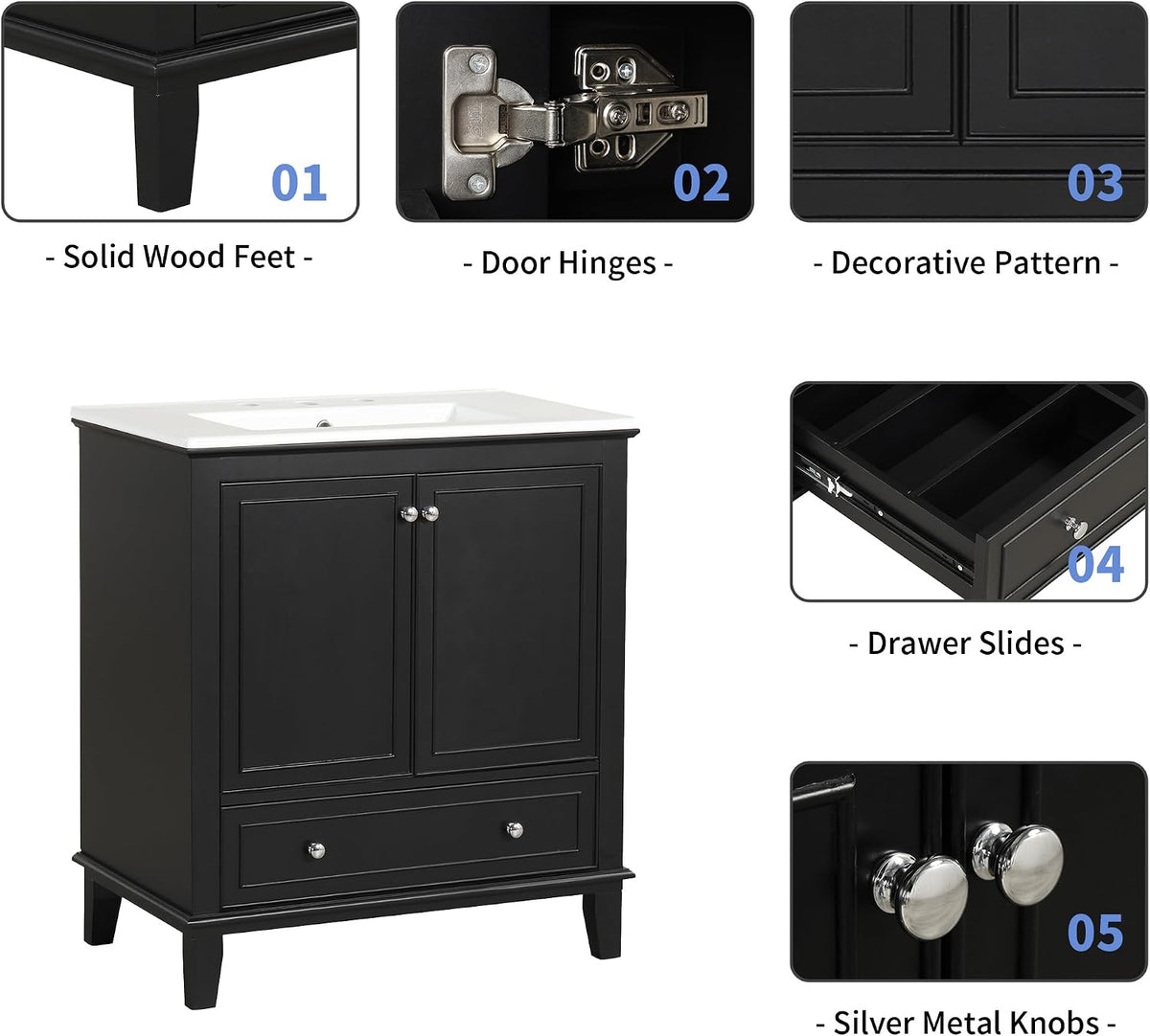 30" Bathroom Vanity Cabinet with Undermount Sink, Storage Rack Shelf, Multi-Functional Drawer Divider, Soft Closing Doors, Black