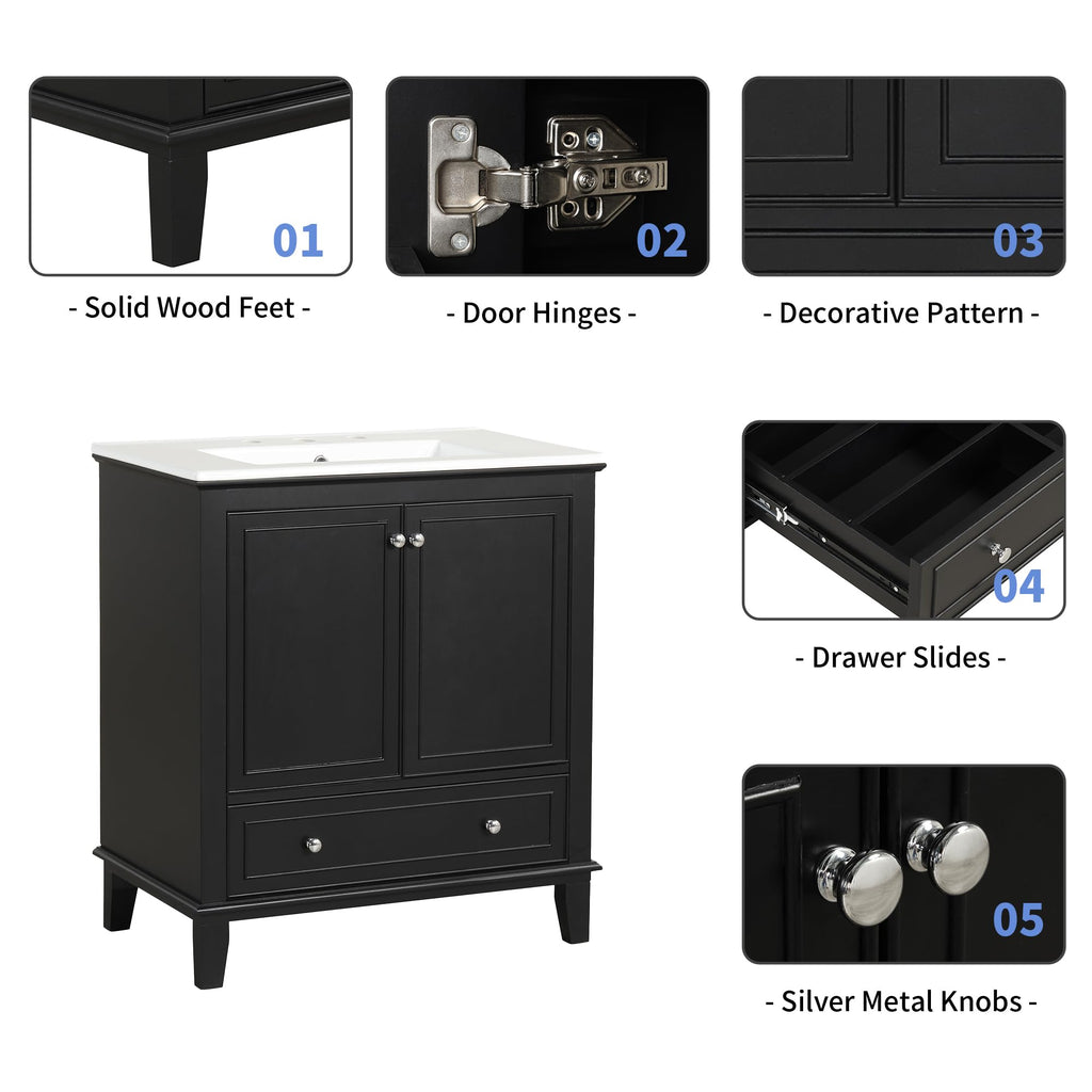 30" Bathroom Vanity Cabinet with Undermount Sink, Storage Rack Shelf, Multi-Functional Drawer Divider, Soft Closing Doors, Black
