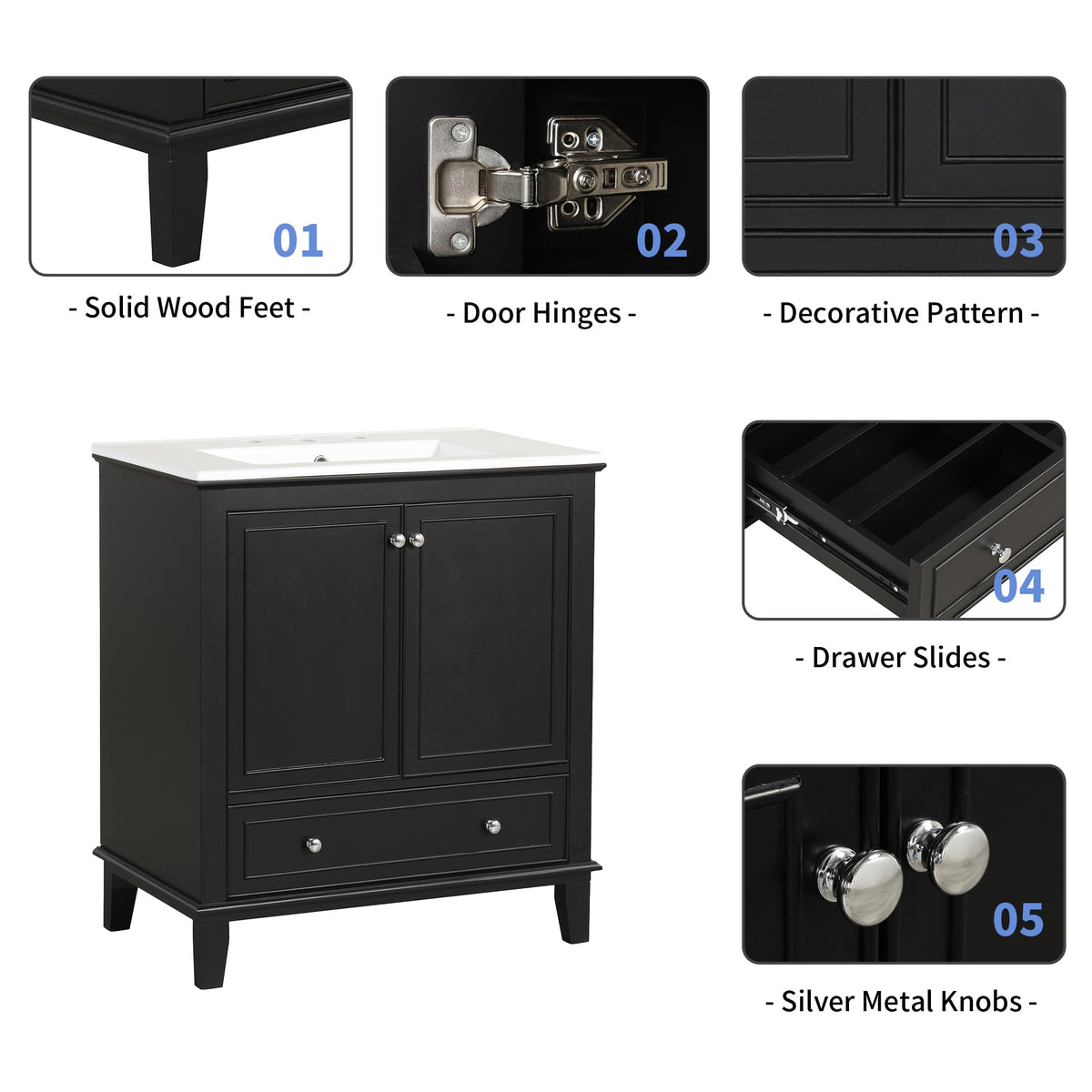 30" Bathroom Vanity Cabinet with Undermount Sink, Storage Rack Shelf, Multi-Functional Drawer Divider, Soft Closing Doors, Black