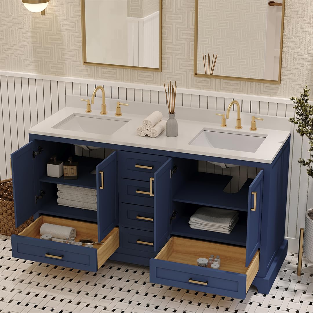 Ayna Decors Maya 72 Inch Double Vanity with Sink and Pre Drilled Faucet Holes Quartz Top in Charcoal Grey, Freestanding Bathroom Vanities with Soft Close Doors and Drawers - Brushed Gold Hardware