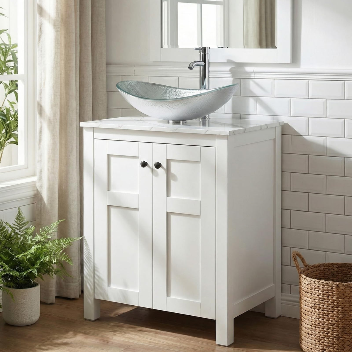48" Bathroom Vanity with Sink, White Modern Freestanding Bathroom Vanity Cabinet with Marble Texture Top and 4 Drawers, Two Boat Ceramic Vessel Sinks