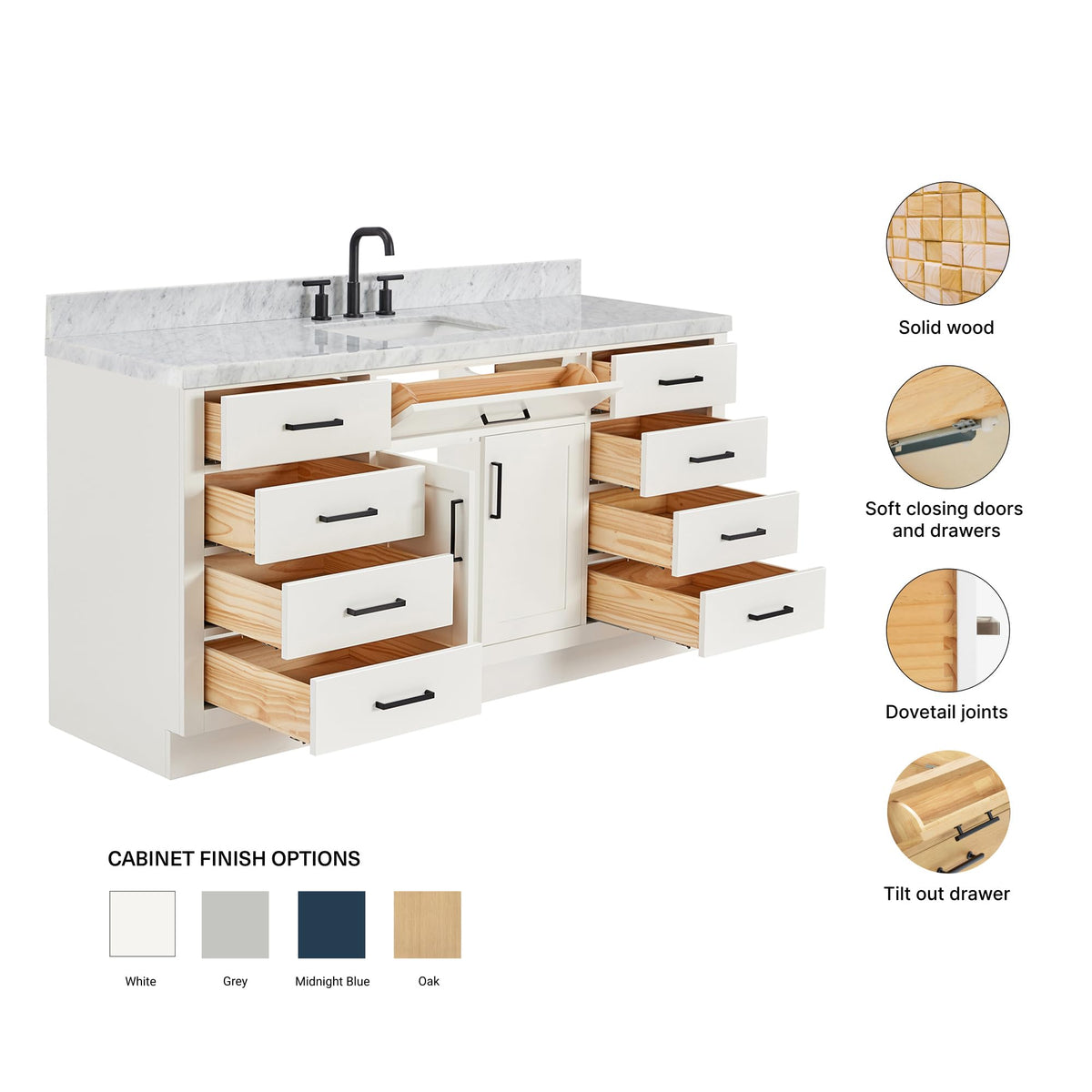 ARIEL Hepburn 66-inch Bathroom Vanity with Sink,Solid Wood, 1.5-inch Pure White Quartz Countertop & Backsplash, Single Rectangular Porcelain Sink, 2 Soft Closing Doors, 9 Dovetail Drawers, White