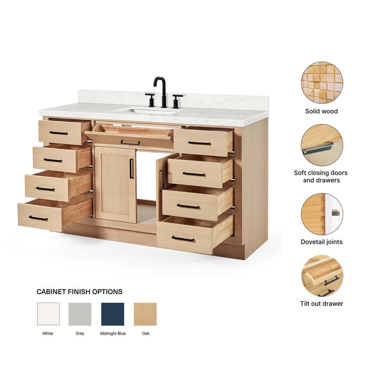ARIEL Hepburn 60-inch Bathroom Vanity with Sink,Solid Wood, 1.5-inch Carrara White Quartz Countertop & Backsplash, Single Rectangular Porcelain Sink, 2 Soft Closing Doors, 9 Dovetail Drawers, Black
