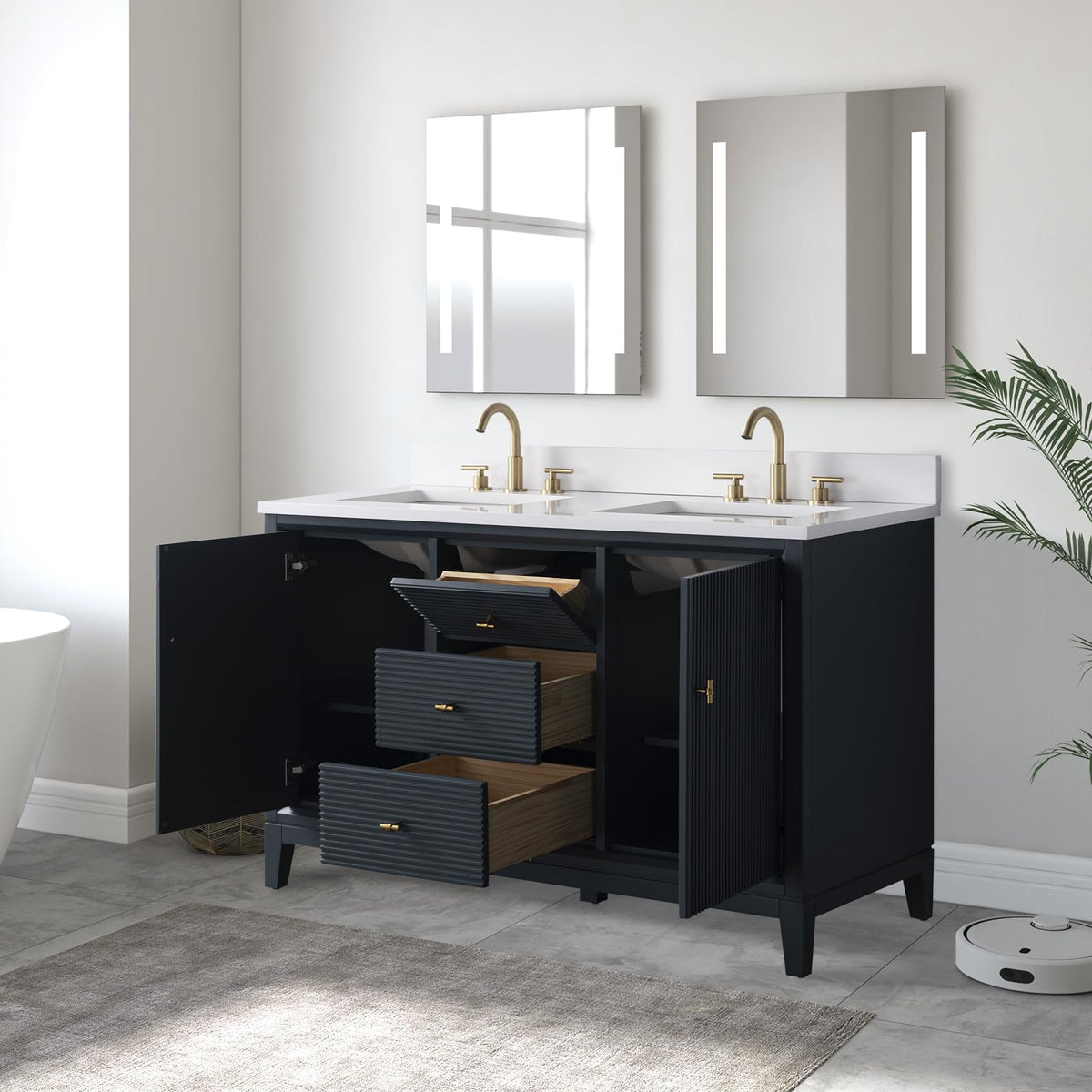 Vanity Art 72" Bathroom Vanity with Double Sink & Arabescato White Engineered Stone Top, Vanity Cabinet with Soft Closing Door, Solid Wood Frame, Golden Brushed Handles, Walnut VA8172D-Walnut-GB