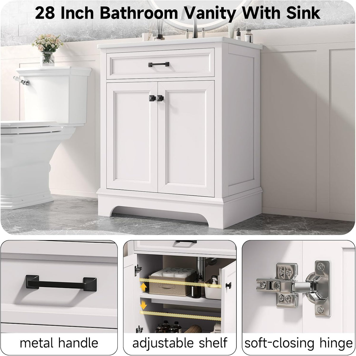 ONBRILL 28" Bathroom Vanity with Ceramic Sink, Soft Close Doors,White