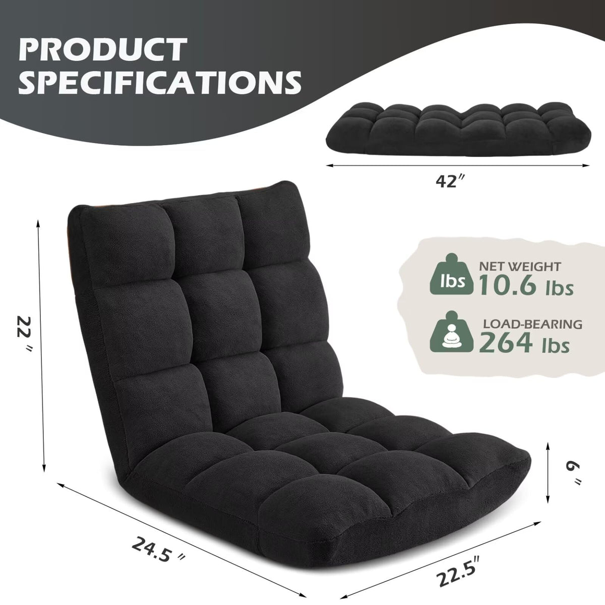 Folding Floor Gaming Chair 14-Poistion Cushioned Adjustable Floor Lazy Sofa Chair w/Breathable Cotton & Skin-Friendly Velvet for Adults & Kids Perfect for Reading Gaming Meditating, Darkblue