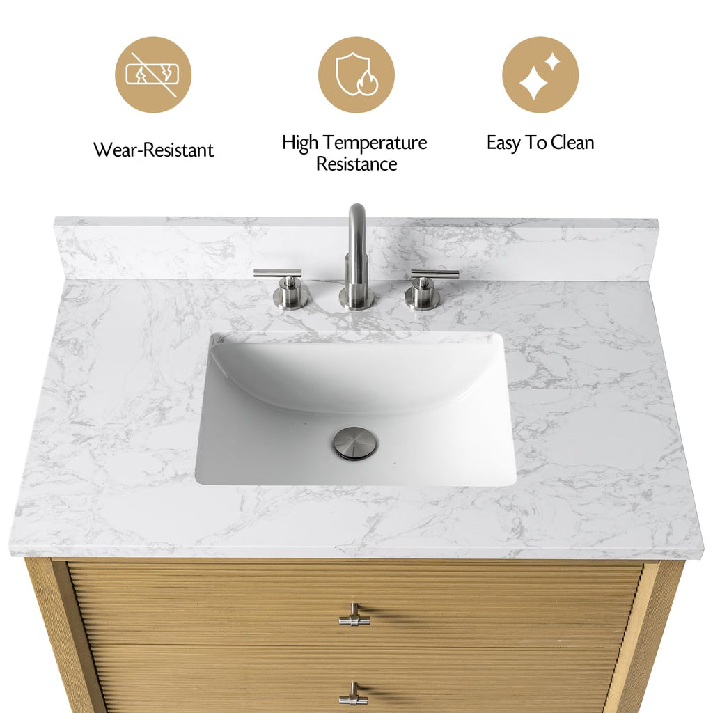Vanity Art 72" Bathroom Vanity with Double Sink & Arabescato White Engineered Stone Top, Vanity Cabinet with Soft Closing Door, Solid Wood Frame, Golden Brushed Handles, Walnut VA8172D-Walnut-GB