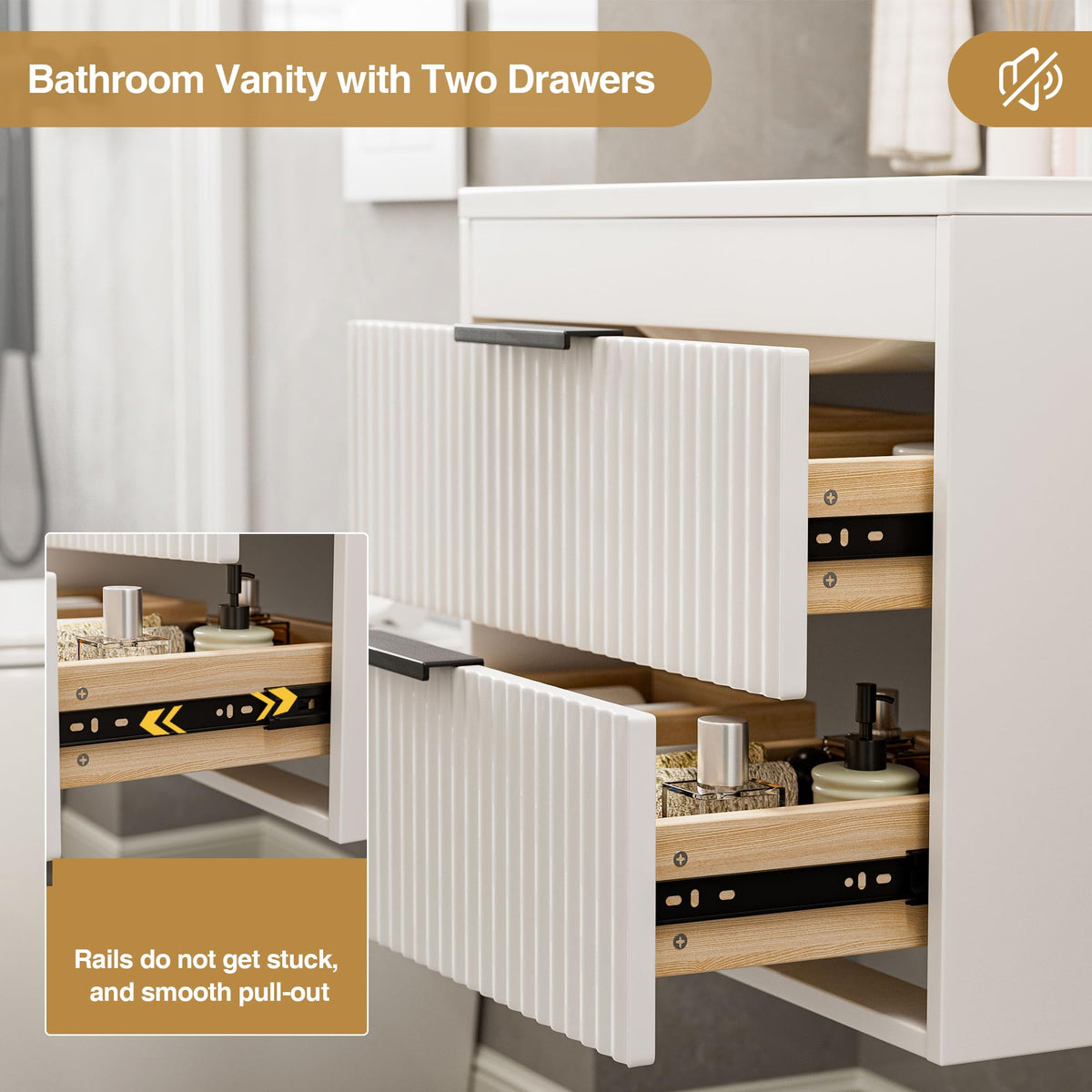 24 Inches Modern MDF Bathroom Vanity with Sink, Wall Mounted Floating Cabinets w/Double Drawers, Black Handles, White Resin Sink Combo Set (Black, 24")