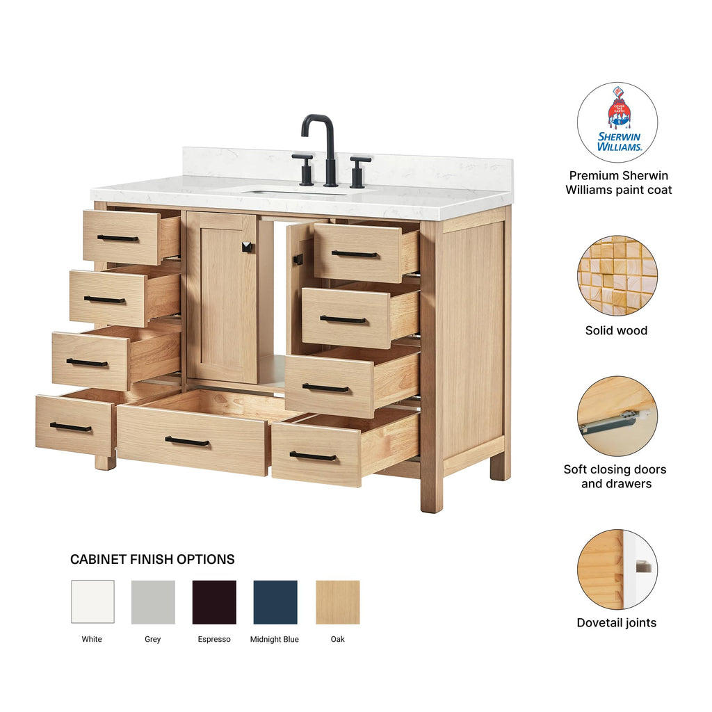 DKB Emilia 48-Inch Bathroom Vanity with Sink â Midnight Blue Single Sink Bathroom Vanity, 1.5" Edge Carrara Quartz Countertop, Solid Wood, 2 Soft Closing Doors, 9 Dovetail Drawers