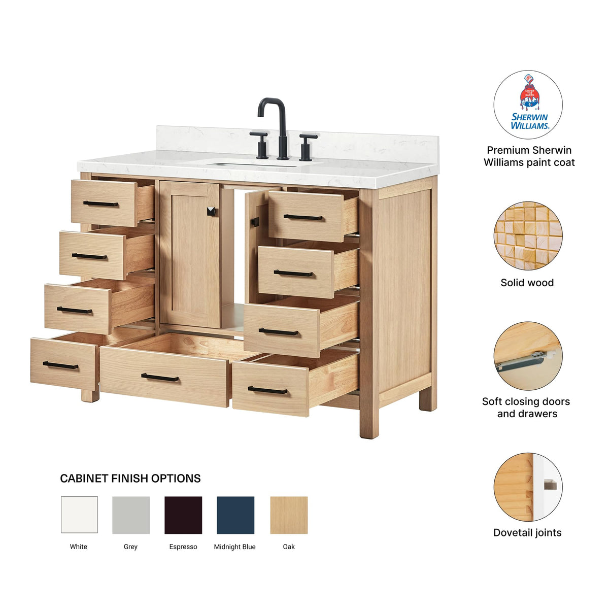 DKB Emilia 48-Inch Bathroom Vanity with Sink â Midnight Blue Single Sink Bathroom Vanity, 1.5" Edge Carrara Quartz Countertop, Solid Wood, 2 Soft Closing Doors, 9 Dovetail Drawers