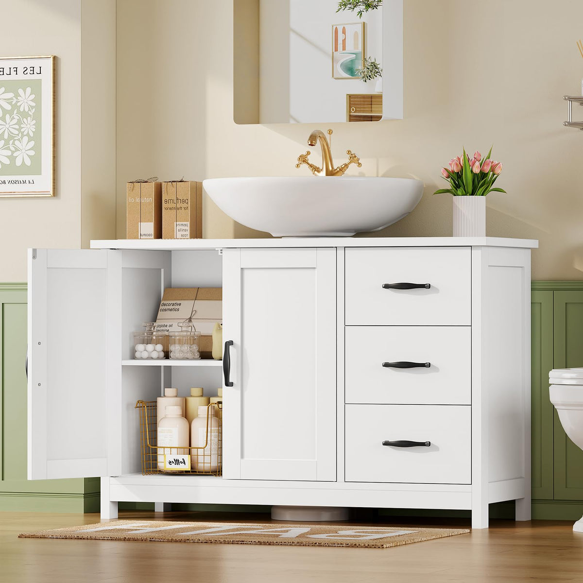 TEENFON Pedestal Sink Storage Cabinet with 2 Doorsand Drawer, Bathroom Sink Cabinet, Under Sink Storage with U-Shape Cut-Out, White