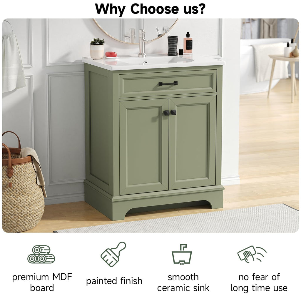 ONBRILL 28" Bathroom Vanity with Ceramic Sink, Soft Close Doors,White