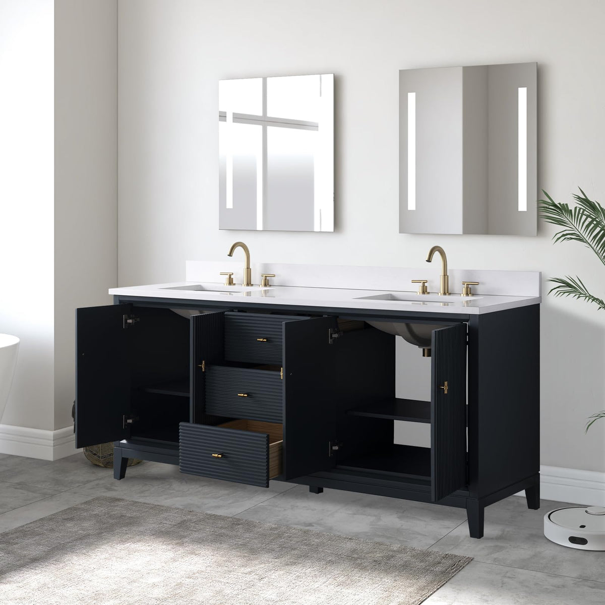 Vanity Art 72" Bathroom Vanity with Double Sink & Arabescato White Engineered Stone Top, Vanity Cabinet with Soft Closing Door, Solid Wood Frame, Golden Brushed Handles, Walnut VA8172D-Walnut-GB