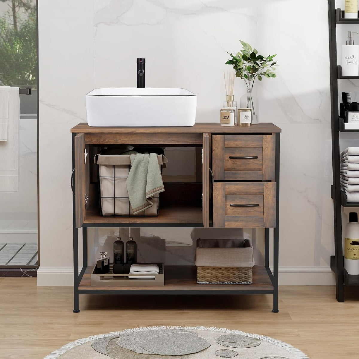 YOURLITE 36-Inch Farmhouse Bathroom Vanity with Vessel Sink, Rustic Brown