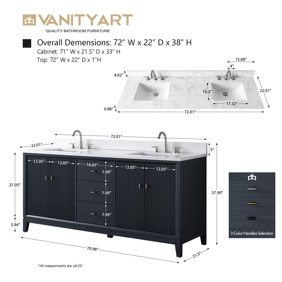 Vanity Art 72" Bathroom Vanity with Double Sink & Arabescato White Engineered Stone Top, Vanity Cabinet with Soft Closing Door, Solid Wood Frame, Golden Brushed Handles, Walnut VA8172D-Walnut-GB