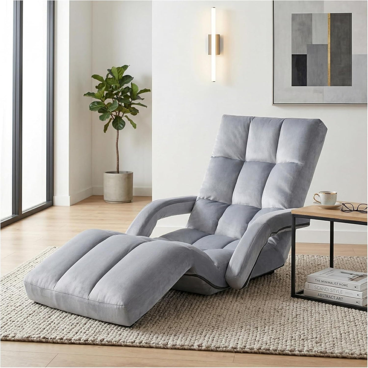 Velvet Adjustable Floor Gaming Chair with 14-Positions, Folding Floor Chair with Back Support, Indoor Floor Chairs with Armrest for Living Room, Bedroom, Balcony, Grey