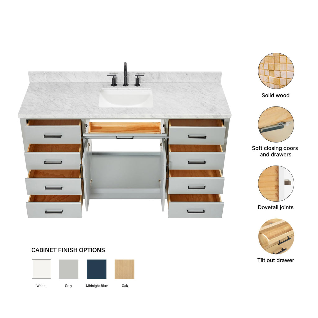 ARIEL Hepburn 66-inch Bathroom Vanity with Sink,Solid Wood, 1.5-inch Pure White Quartz Countertop & Backsplash, Single Rectangular Porcelain Sink, 2 Soft Closing Doors, 9 Dovetail Drawers, White