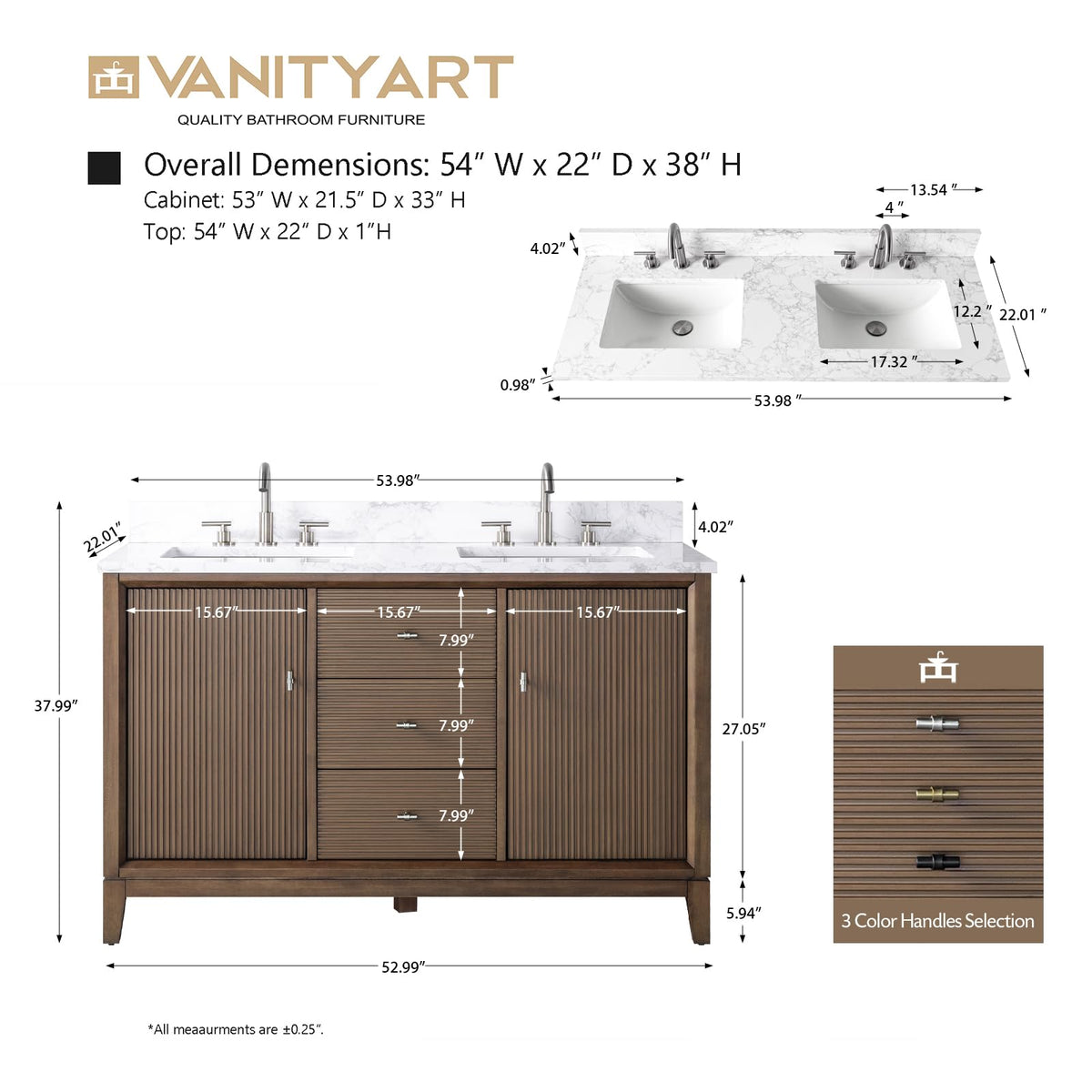 Vanity Art 72" Bathroom Vanity with Double Sink & Arabescato White Engineered Stone Top, Vanity Cabinet with Soft Closing Door, Solid Wood Frame, Golden Brushed Handles, Walnut VA8172D-Walnut-GB