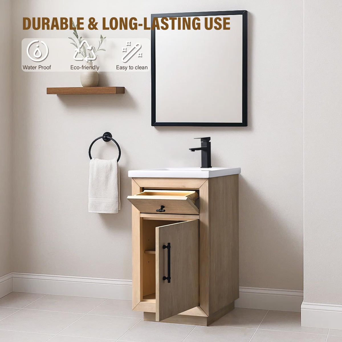 HOMEBEYOND 72" Bathroom Vanity with Double Sink & Ceramic Top, MDF Material Vanity Cabinet with Basin Combo, Soft-Closing Doors, Removable Shelf, Backsplash, Tan