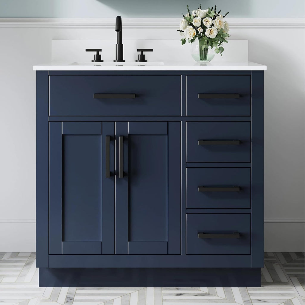 WELLFOR 36-Inch Bathroom Vanity with Sink W/ 2 Doors & 4 Drawers & 1 Flip Drawer,Navy Blue Vanity W/Matte Black Handles