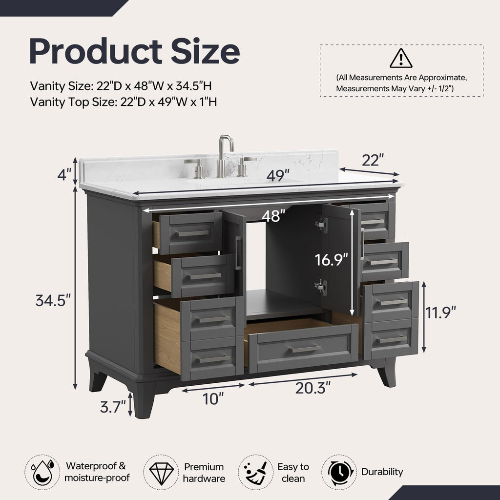 42 Inch Bathroom Vanity with Sink, Pre Assembled, White