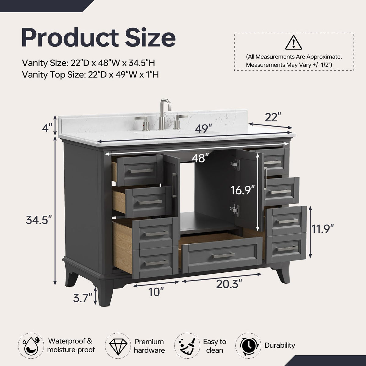 42 Inch Bathroom Vanity with Sink, Pre Assembled, White