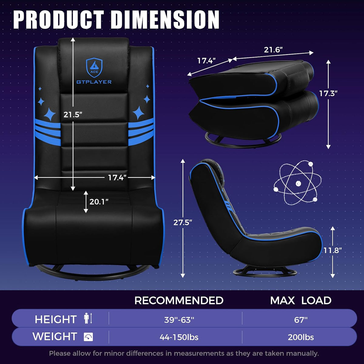 GTPLAYER Floor Gaming Chair Foldable Swivel Floor Chairs for Kids Boys Comfy Video Game Seat with 360Â° Multipurpose for Gamers, Bedroom or Game Room(Black-Blue)