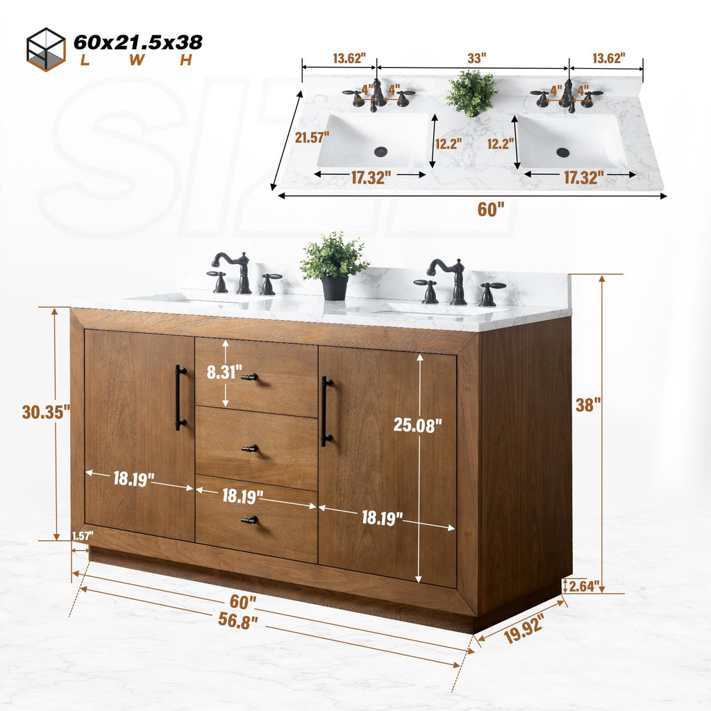 HOMEBEYOND 72" Bathroom Vanity with Double Sink & Ceramic Top, MDF Material Vanity Cabinet with Basin Combo, Soft-Closing Doors, Removable Shelf, Backsplash, Tan