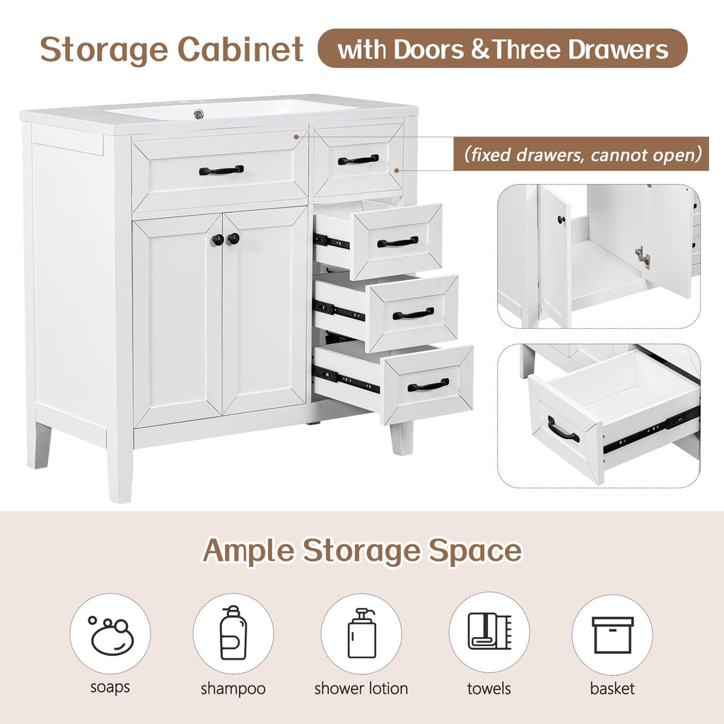 36 Inch Bathroom Vanities with Undermount Ceramic Sink, Storage Cabinet with Soft Closing Doors and Three Drawers, Solid Wood Frame, Natural Wood