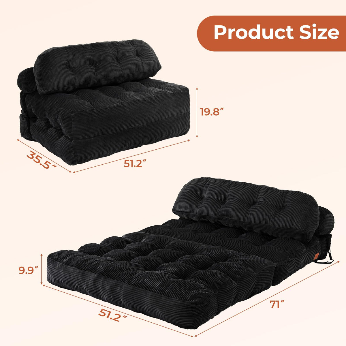 Folding Sofa Bed, Convertible Sleeper Chair with Back Support and Pillow