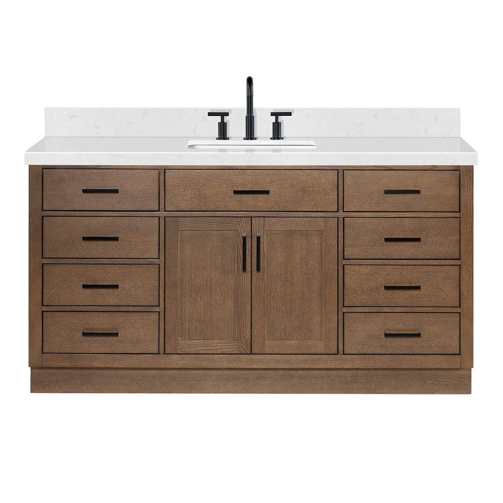 ARIEL Hepburn 66-inch Bathroom Vanity with Sink,Solid Wood, 1.5-inch Pure White Quartz Countertop & Backsplash, Single Rectangular Porcelain Sink, 2 Soft Closing Doors, 9 Dovetail Drawers, White