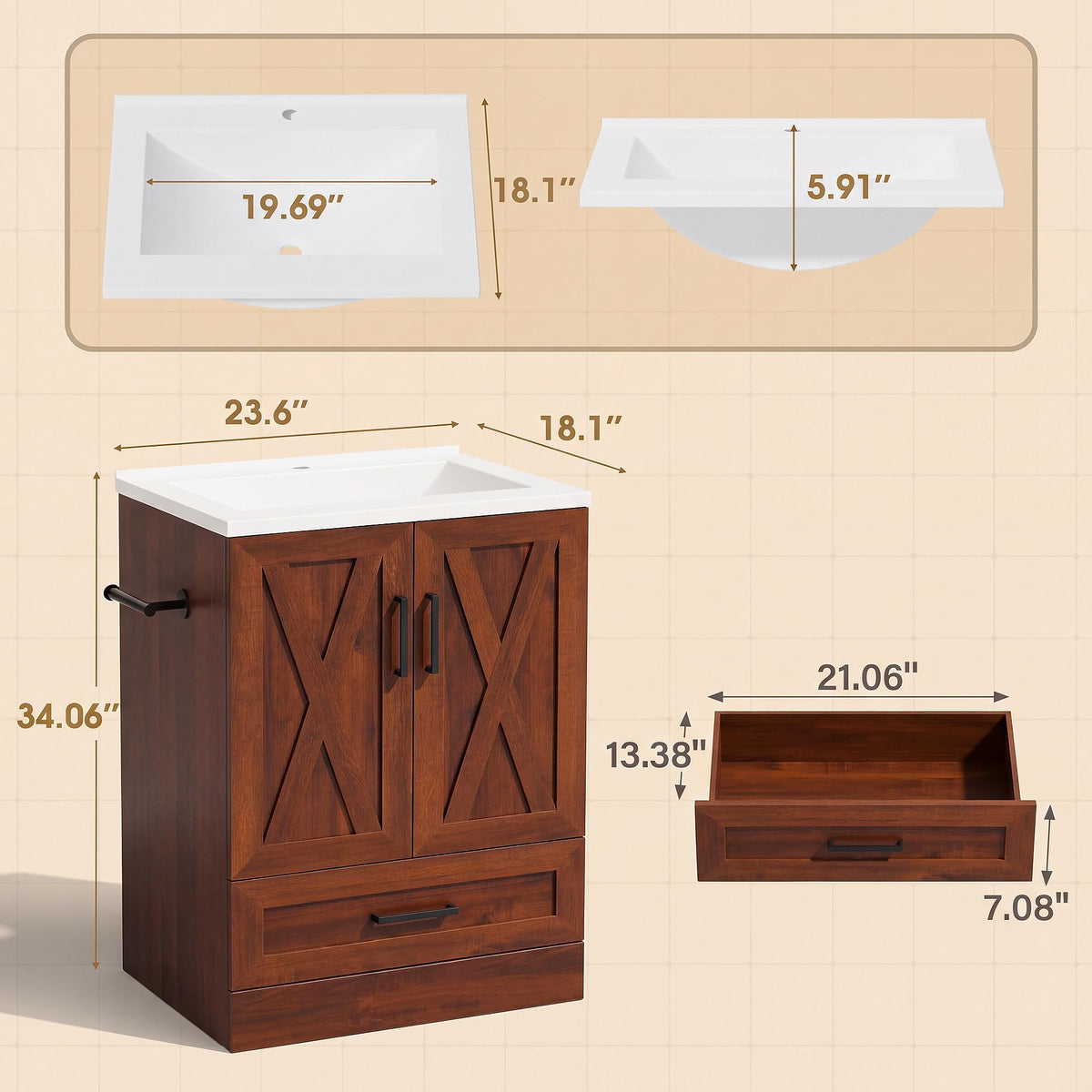 JUMMICO 24" Bathroom Vanity with Sink, Bathroom Storage Cabinet, White