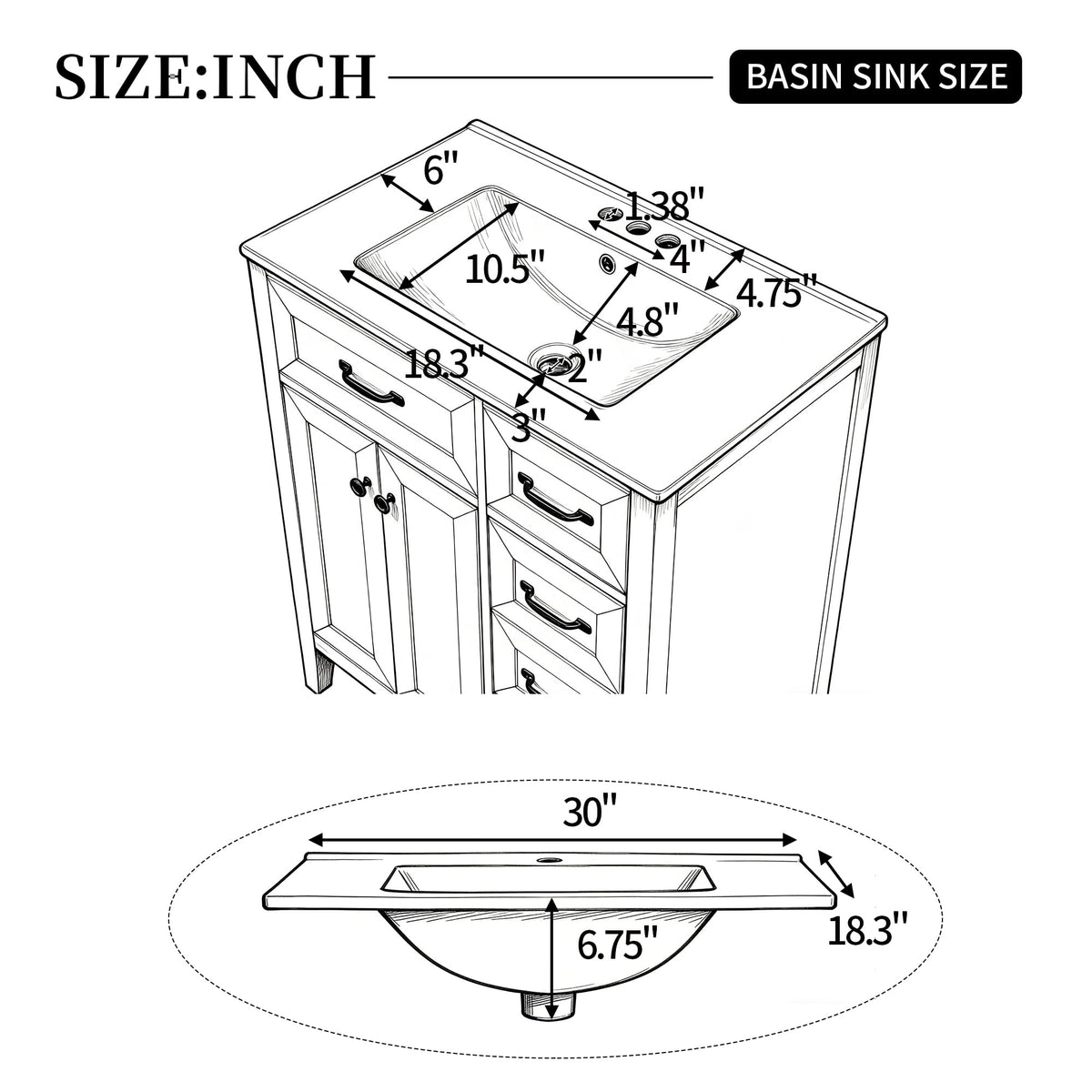 36 Inch Bathroom Vanities with Undermount Ceramic Sink, Storage Cabinet with Soft Closing Doors and Three Drawers, Solid Wood Frame, Natural Wood