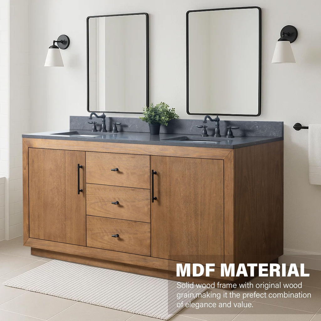 HOMEBEYOND 72" Bathroom Vanity with Double Sink & Ceramic Top, MDF Material Vanity Cabinet with Basin Combo, Soft-Closing Doors, Removable Shelf, Backsplash, Tan