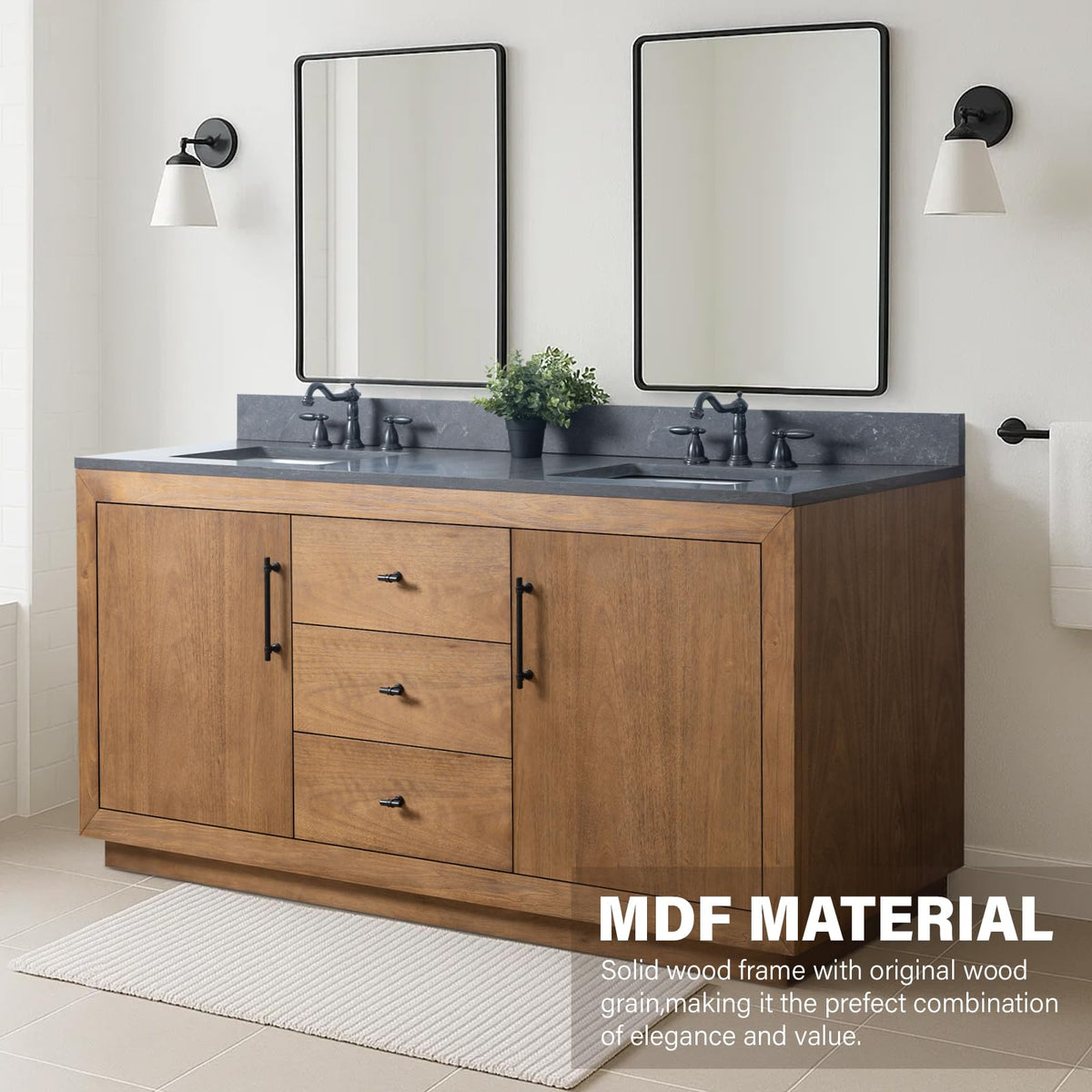 HOMEBEYOND 72" Bathroom Vanity with Double Sink & Ceramic Top, MDF Material Vanity Cabinet with Basin Combo, Soft-Closing Doors, Removable Shelf, Backsplash, Tan