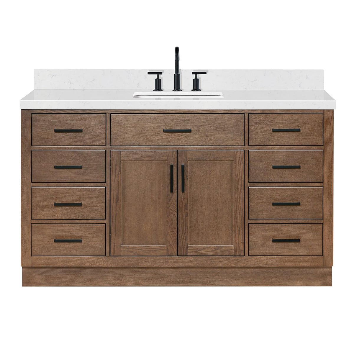ARIEL Hepburn 60-inch Bathroom Vanity with Sink,Solid Wood, 1.5-inch Carrara White Quartz Countertop & Backsplash, Single Rectangular Porcelain Sink, 2 Soft Closing Doors, 9 Dovetail Drawers, Black