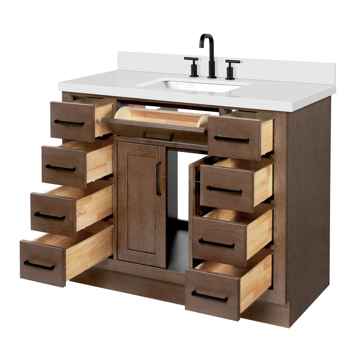 DKB Beckford 42-Inch White Bathroom Vanity with Sink, Solid Wood Base Cabinet, 1.5" White Quartz Countertop, Rectangular Sink, 2 Soft Closing Doors, 9 Drawers