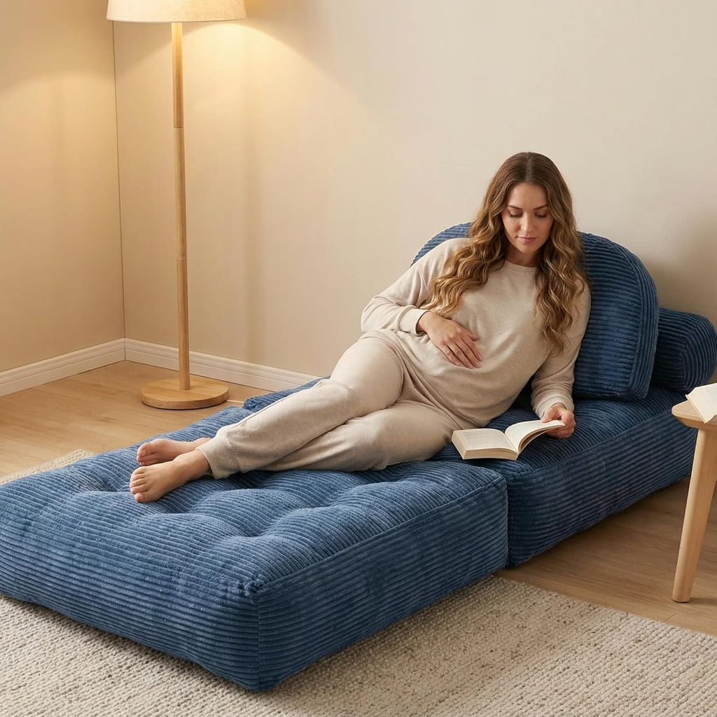 Convertible Corduroy Floor Sofa, 3-in-1 Folding Lazy Sofa Bed with Adjustable Backrest, Soft Bean Bag Chair Lounger for Living Room, Bedroom, Guest Room, Oversized Sleeper Chair