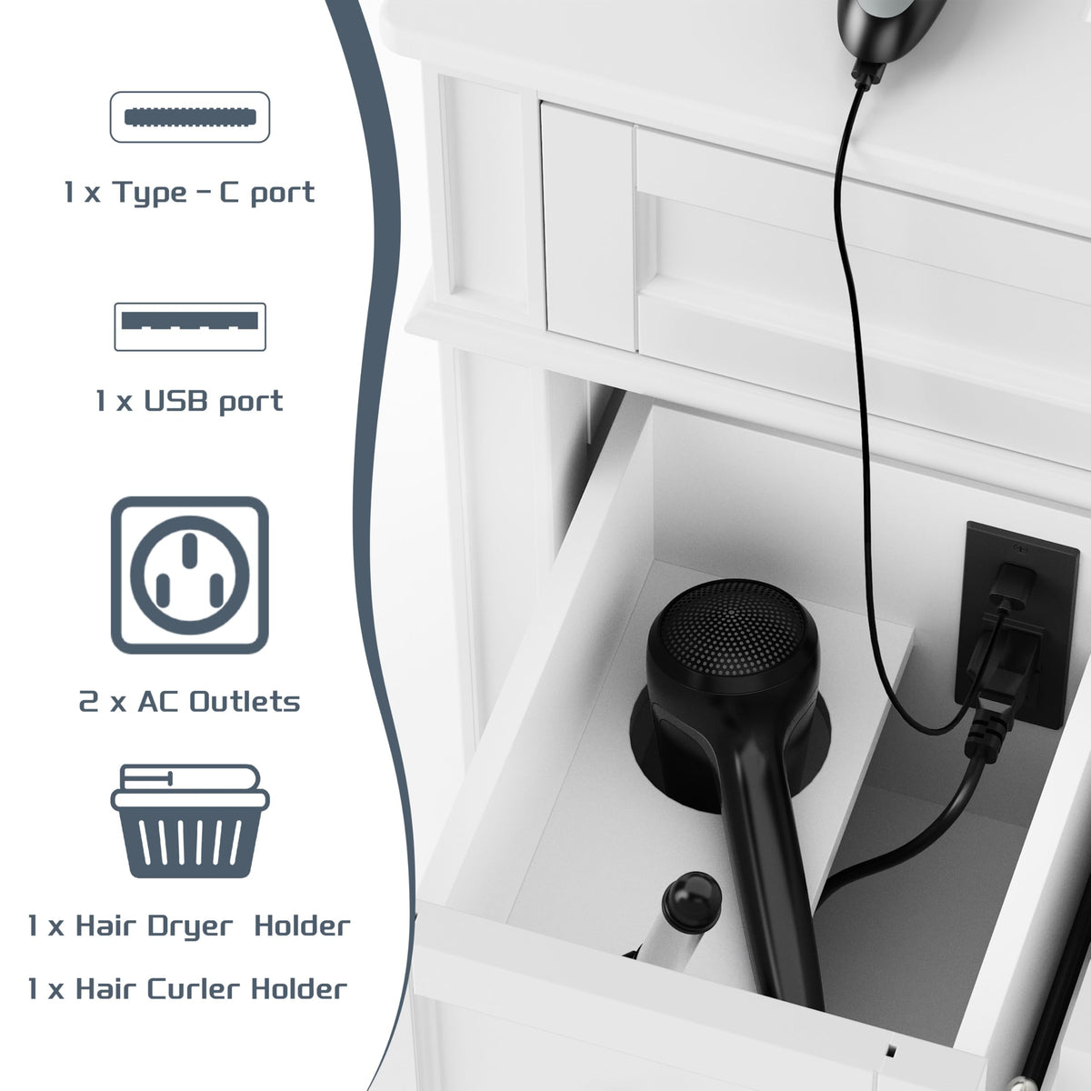 30" Bathroom Vanity with Sink, Solid Wood Frame Modern with Charging Station, Bathroom Single Sink Cabinet with 2 Drawers and 1 Doors, Gold Metal Handles, Black