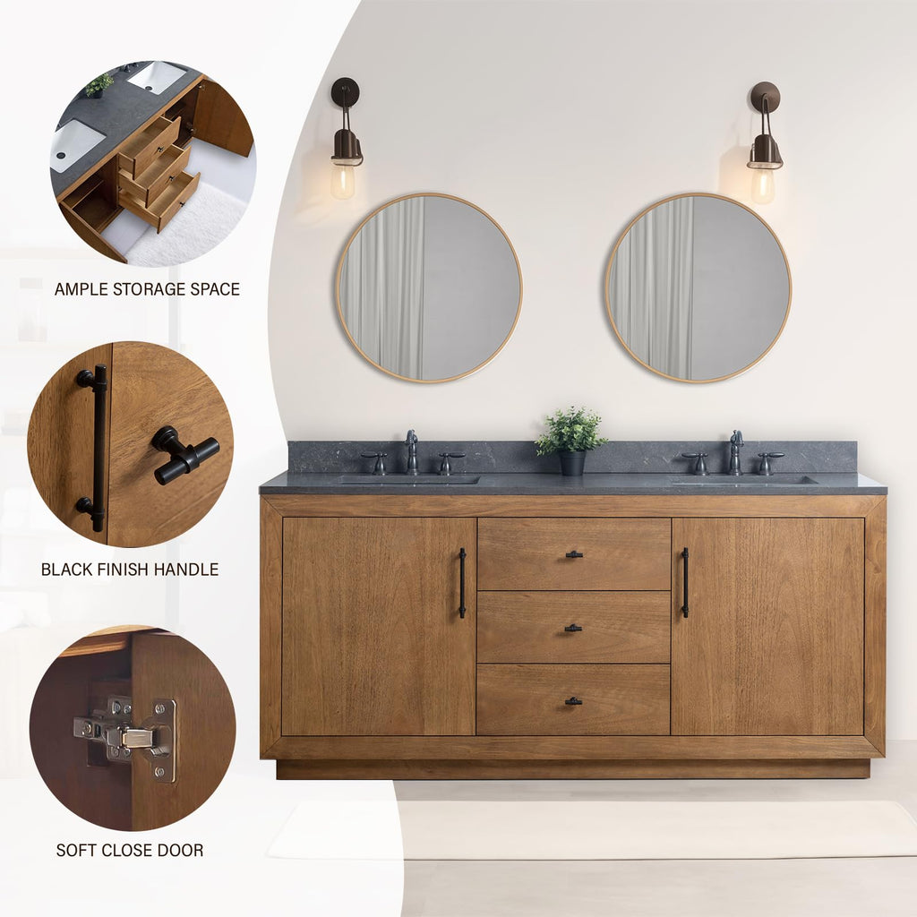 HOMEBEYOND 72" Bathroom Vanity with Double Sink & Ceramic Top, MDF Material Vanity Cabinet with Basin Combo, Soft-Closing Doors, Removable Shelf, Backsplash, Tan